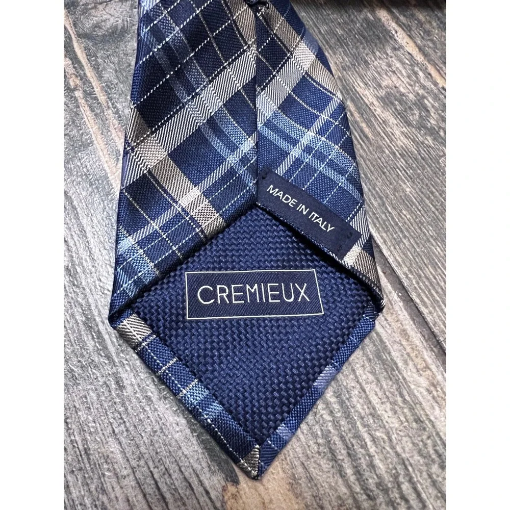 CREMIEUX Mens 100% Silk Tie Blue Tan Plaid Luxury Made in Italy Designer Necktie